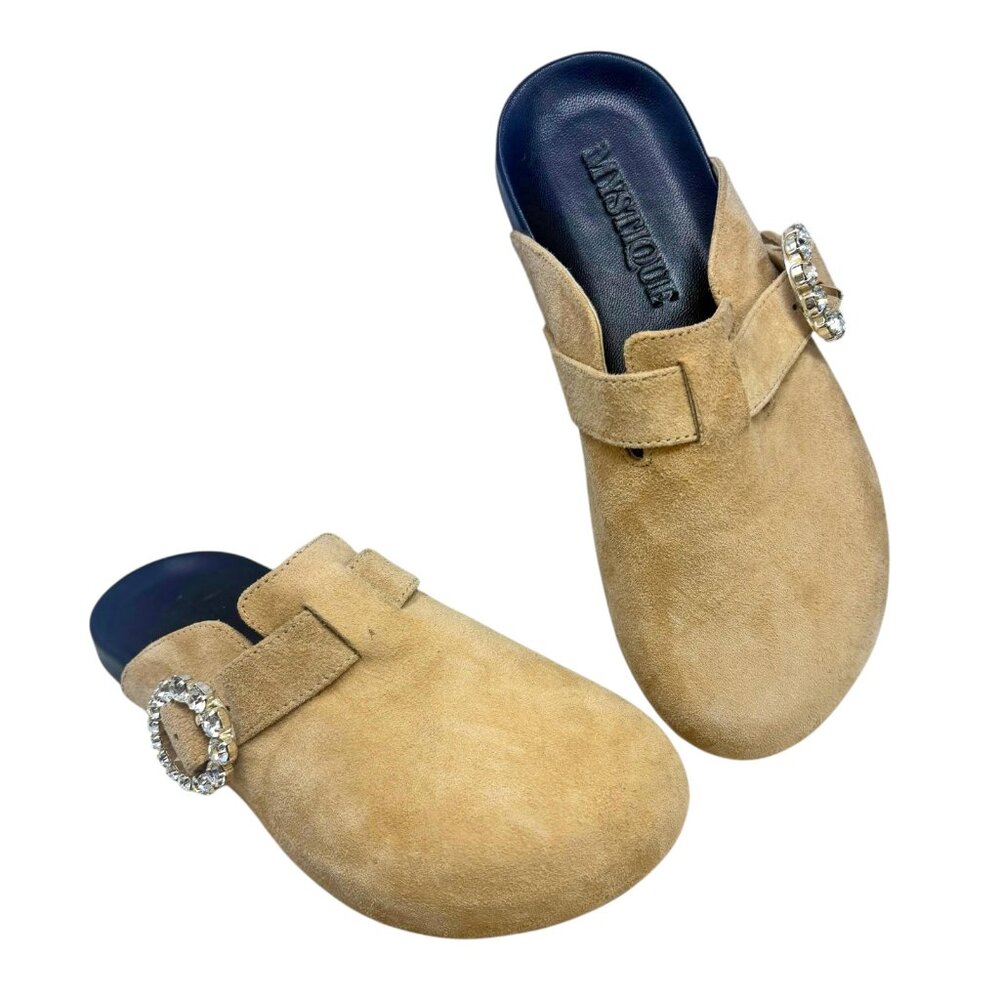 Anthropologie Mystique‎ Tan Suede Rhinestone Embellished Handmade Clog